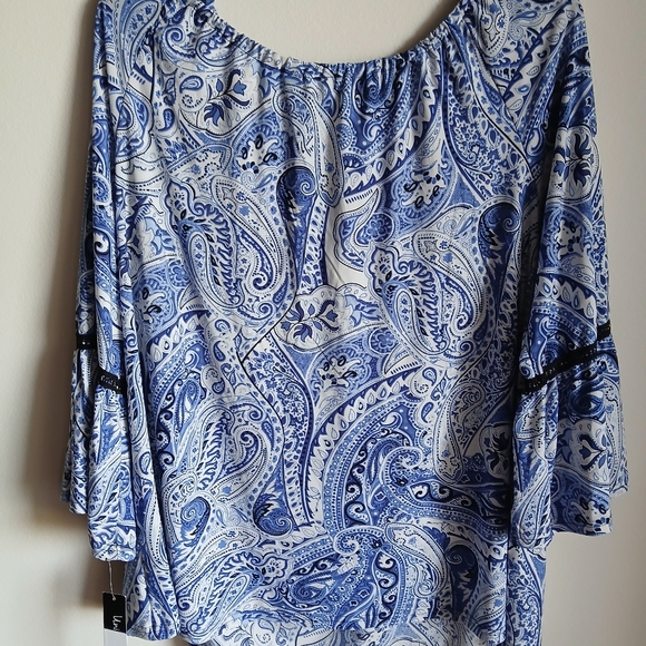 NWT Unique spectrum blue and white black blouse tassle tie 1X - Picture 11 of 12